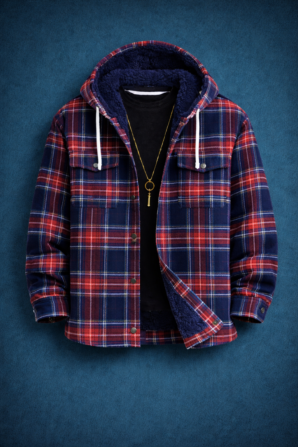Midnight Indigo Check Hoodie Sherpa Shacket #3